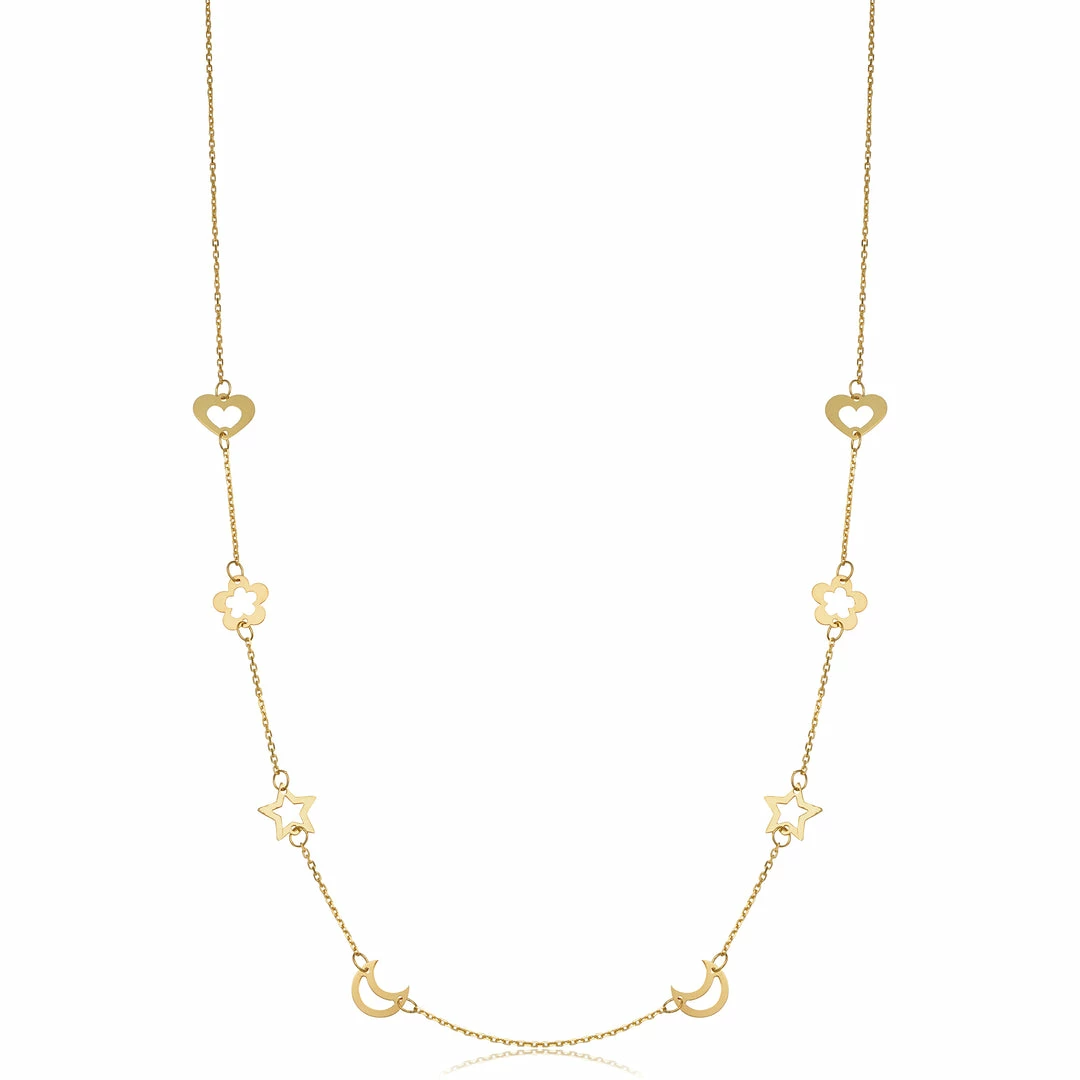Fremada women 14k Yellow Gold Heart Flower Star Moon Station Necklace (26 inch)